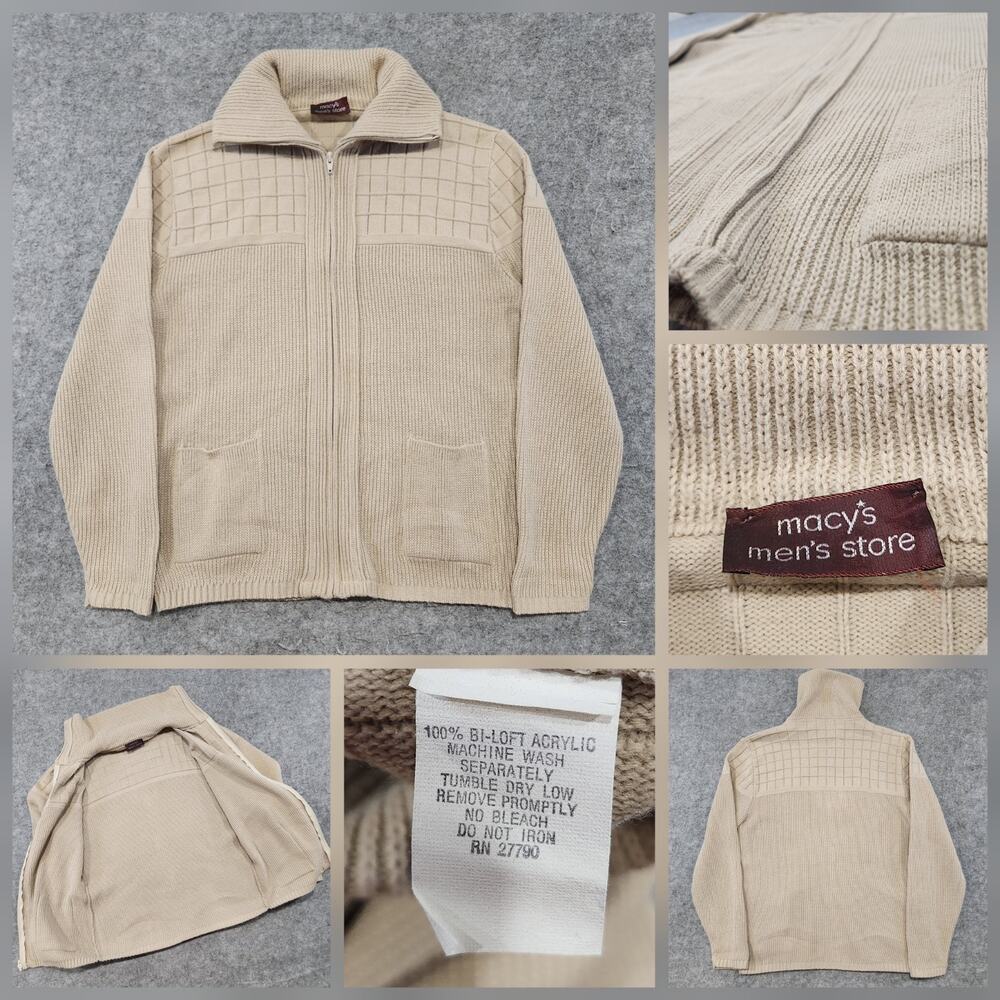 VTG Macy's Mens Store Mens XL? Acrylic Knit Full Zip‎ Cardigan Sweater W Pockets